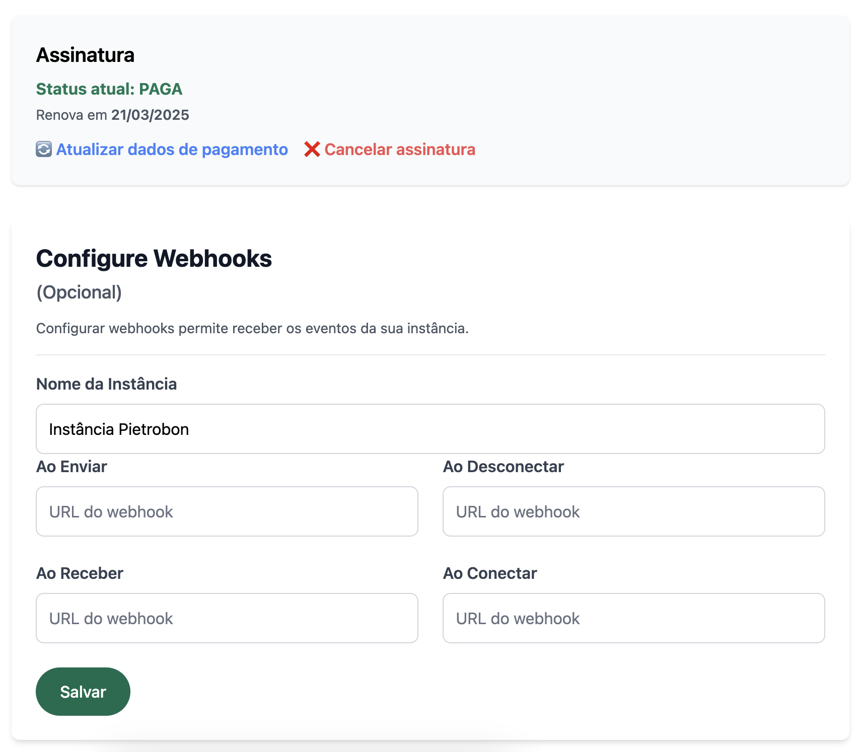 Painel de Configuração de Webhook